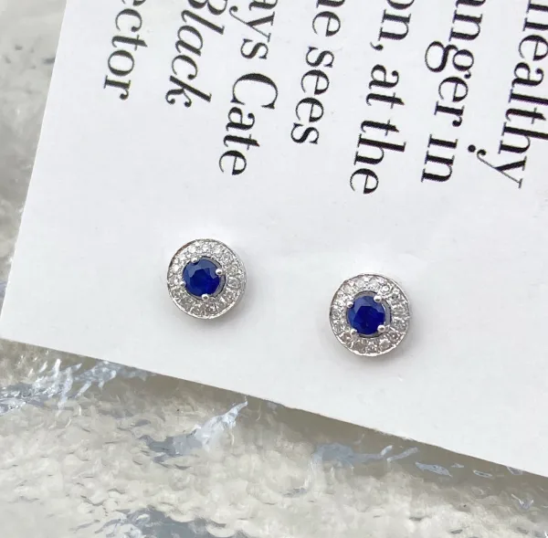 Round Sapphire Halo Stud Earrings - 图片 2