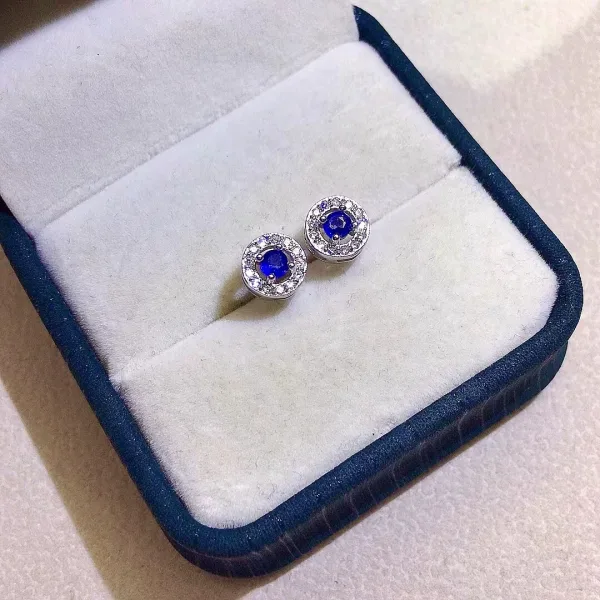 Round Sapphire Halo Stud Earrings - 图片 3