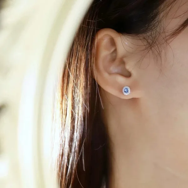 Round Sapphire Halo Stud Earrings - 图片 5
